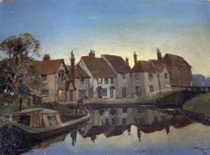 MILLS Reginald 1896-1950,Canal boat and cottages at dawn,Gorringes GB 2021-05-10