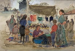 MILNES Margaret 1908-1998,Market Scene, Portugal and Fishermen, Portugal,1967,Gorringes 2021-07-12