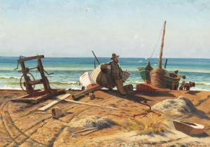 MILTON JENSEN Carl 1855-1928,A fisherman by his boats on the beach,1914,Bruun Rasmussen 2019-07-01