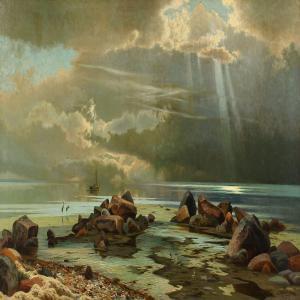 MILTON JENSEN Carl 1855-1928,Coastal scape with large stone and birds on the b,1910,Bruun Rasmussen 2015-06-29