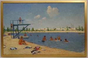 Minski Grigori Semenovich 1947,Outside swimming baths with diving board and figur,Dickins 2018-04-13