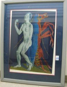 MISHIN Valery 1939,nude female standing figure leaning against styliz,O'Gallerie US 2007-10-24