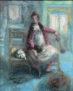 MITJANS Jose Pico 1904-1991,Interior Scene with Woman and Cat,Burchard US 2020-08-16