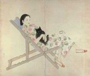 MITSUHASHI Setsuko 1939-1975,Young woman in Chinese dress holding a black cat,Christie's 2005-09-22
