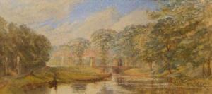 MOBERLY ARTHUR,River Landscape with Figures on a Bridge,1877,Keys GB 2011-06-10