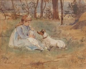 MOBERLY Mariquita Jenny 1855-1935,Young girl seated in woodland with doll and dog,Keys GB 2018-07-26