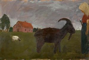 MODERSOHN BECKER Paula 1876-1907,Bäuerin mit zwei Ziegen vor Gehöft,Villa Grisebach DE 2015-11-26