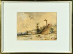 MODINGER A 1800-1800,Uferlandschaft mit Turm,1845,Allgauer DE 2023-01-13