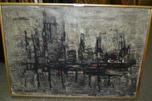 MODZELEVICH EFRAIM,abstract studies of boats in a harbour,Lawrences of Bletchingley 2017-04-25