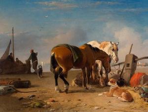 Moerenhout Joseph 1801-1875,Resting horses and dog on a bank of the,1863,AAG - Art & Antiques Group 2017-06-26