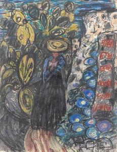 MOERING Christa 1916,Frau in schwarzem Kleid mit Hut auf Gartenweg,2013,Winterberg Arno 2017-05-13