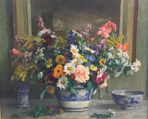 MOISSET Marthe 1800-1900,Bouquet de fleurs aux céramiques bleues,Millon & Associés FR 2016-01-22
