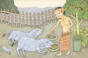 MOKOH I DEWA PUTU 1934-2010,Feeding the Pigs,Borobudur ID 2010-05-15