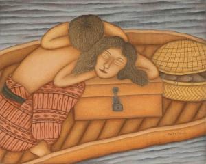 MOKOH I DEWA PUTU 1934-2010,Mother and son sleeping in a fishing boat,Venduehuis NL 2023-11-16