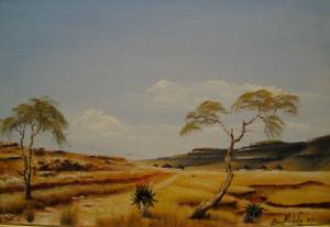 MOLEFE Boy,An African plain with tribal homes in the distance,1987,Dickins GB 2008-11-15