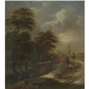 Molenaer Klaes Nicolaes,A RIVER LANDSCAPE WITH FIGURES FISHING BESIDE A PA,Sotheby's 2008-10-30