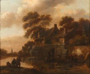 Molenaer Klaes Nicolaes 1630-1676,Village au bord de la rivière avec des personn,Chayette et Cheval 2015-11-23