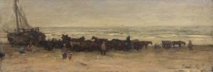 MOLL Evert 1878-1955,Fisherfolk, bomschuiten and horses on the beach,1901,Venduehuis NL 2023-11-16