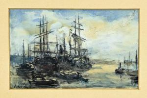 MOLL Evert 1878-1955,Harbor view of Rotterdam with three-masters,Twents Veilinghuis NL 2024-01-11