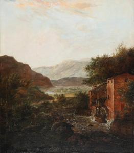 MOLLER JENS PETER,A view of a water mill by a mountain lake, presuma,Bruun Rasmussen 2024-02-12
