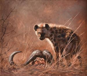 MOLLER Kobus 1949,Hyena with Cape Buffalo Horns,1997,Simpson Galleries US 2022-02-12