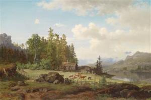 MOLLER Niels Bjornson 1827-1887,Lake Landscape with Cows Grazing,1855,Palais Dorotheum AT 2011-12-06