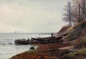 MOLLER Thorvald C. Benjamin 1842-1925,Coastal scenery with a fishermen at the ,1896,Bruun Rasmussen 2023-02-20