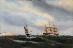MOLLER Thorvald C. Benjamin 1842-1925,Seascape with sailing ships off the whit,1873,Bruun Rasmussen 2021-03-22