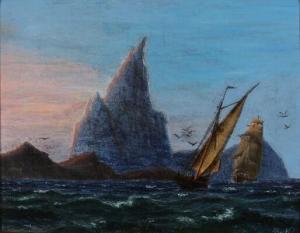 MOLLER Thorvald C. Benjamin 1842-1925,Seascape with sailing ships passing a rocky c,Bruun Rasmussen 2020-11-16