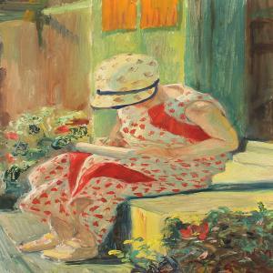 MOLTKE Harald,Young girl in a summer dress reading at the doorst,Bruun Rasmussen 2013-06-03