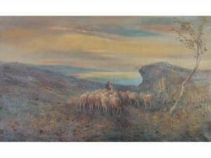 MONAGHI C,Shepherd leading a flock through hilly landscape,1911,Capes Dunn GB 2014-03-25