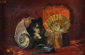 MONGINOT Charles 1825-1900,Nature morte au chat, au coquillage et au cof,Hotel des ventes Giraudeau 2024-03-02