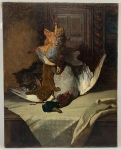MONGINOT Charles 1825-1900,still life of hanging game with cat looking on,CRN Auctions US 2021-06-20