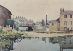 Monkman Percy 1892-1986,Riverside houses, Town and river with figures bene,Morphets GB 2022-07-09