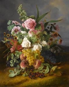 MONNET LAVERPILIERE Estelle,A still life with flowers, peaches and berries,Bonhams 2016-06-07