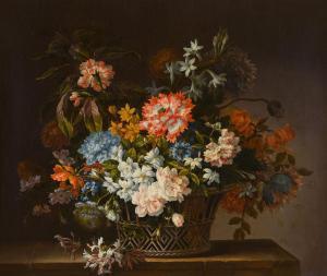 MONNOYER Jean Baptiste 1636-1699,Still life with flowers in a basket on a ledge,Sotheby's 2023-12-07