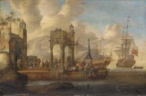 MONOGRAMMISTA P.V.M,A Mediterranean harbour with merchants on a quaysi,1678,Christie's 2005-02-01