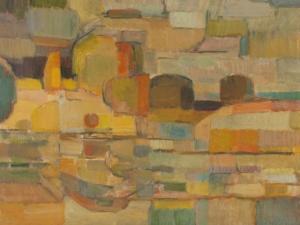 MONSON JIM 1943,Landscape composition in yellow, green, and orange hues,Quinn's US 2013-04-27