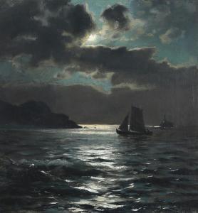 MONSTED Peder Mork 1859-1941,A moonlit coastal scene with sailing ships,Bruun Rasmussen 2017-05-08