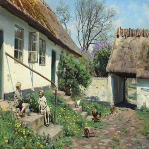 MONSTED Peder Mork,Summer day at the farm with two children sitting o,Bruun Rasmussen 2012-09-03