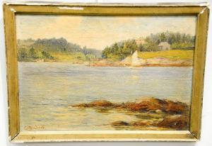 MONTAGUE BICKNELL EVELYN 1857-1936,Summer Landscape, tide out inlet with sailboat,Nadeau 2019-04-27