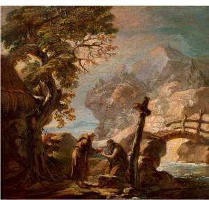 MONTANINI Pietro 1626-1689,Paysage avec une scène évoquant la rencontre imagi,Aguttes FR 2024-03-21