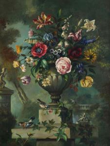 MONTEFIORE Cynthia 1900,Mixed Flowers in an Urn with Landscape Backgro,20th century,Rosebery's 2018-04-14