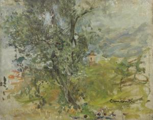 MONTI Cesare 1891-1959,Paesaggio con alberi e campanile,Capitolium Art Casa d'Aste IT 2023-07-11