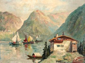 MONTIER Claude 1834-1890,Gebirgslandschaft mit Gehöft und Segelbooten,20th century,Engel 2022-01-29