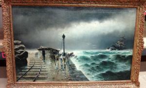 MONTORA A 1900-1900,Figures on a jetty in a storm,Bellmans Fine Art Auctioneers GB 2015-11-04