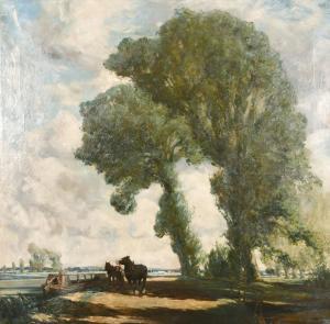 MOODY John Charles,A barge with horses on a towpath in an extensive l,John Nicholson 2021-06-23