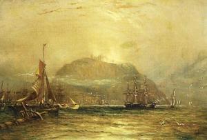 MOORE Claude T. Stanfield 1853-1901,Shipping off a harbour, 
a clifftop castle em,Bloomsbury London 2011-10-13