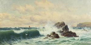 MOORE Edward,Coastal scene with boats and waves crashing,1896,Eastbourne GB 2020-10-07