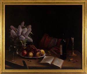 MOORE Michael 1900-1900,Tabletop still life a vase of lilacs, a wineglass ,1993,Eldred's 2022-11-03